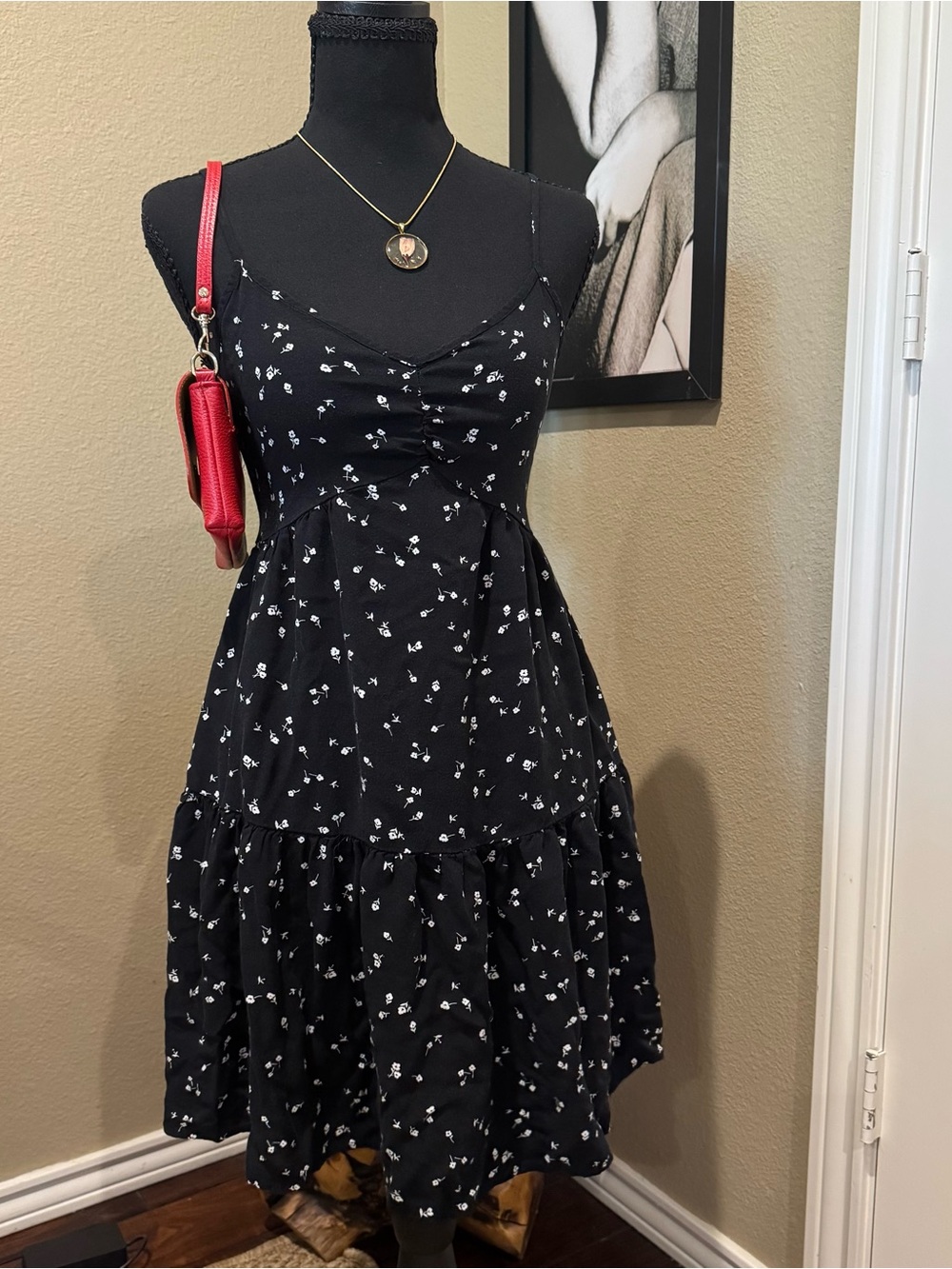 Black Ditsy Floral Tiered Babydoll Dress